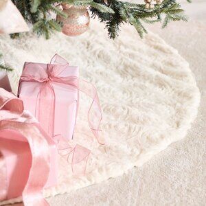 LoveShackFancy Ivory Fur with Rosettes Tree Skirt Floral Rose Christmas NWT